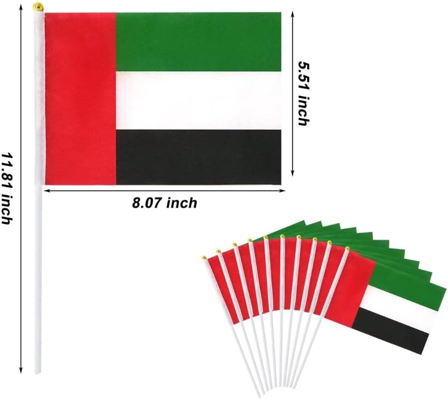 UAE National Flag Hand Held Waving Flags 100% Satin Double Sided With Solid PVC Flexible Stick With Spear Golden Top (Pack Of 24) (Pack Of 48) (Pack Of 100) (Pack Of 100)