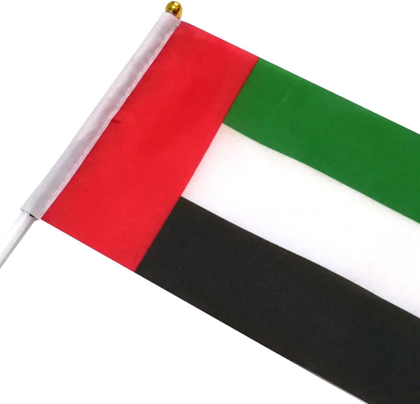 UAE National Flag Hand Held Waving Flags 100% Satin Double Sided With Solid PVC Flexible Stick With Spear Golden Top (Pack Of 24) (Pack Of 48) (Pack Of 100) (Pack Of 100)