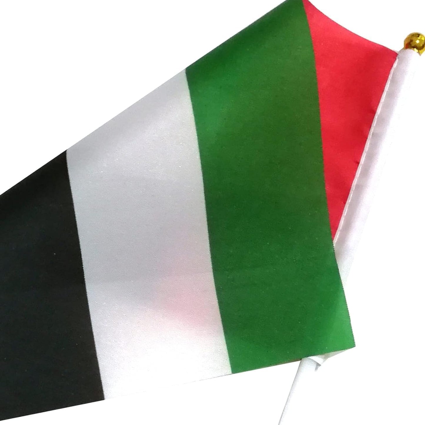 UAE National Flag Hand Held Waving Flags 100% Satin Double Sided With Solid PVC Flexible Stick With Spear Golden Top (Pack Of 24) (Pack Of 48) (Pack Of 100) (Pack Of 100)