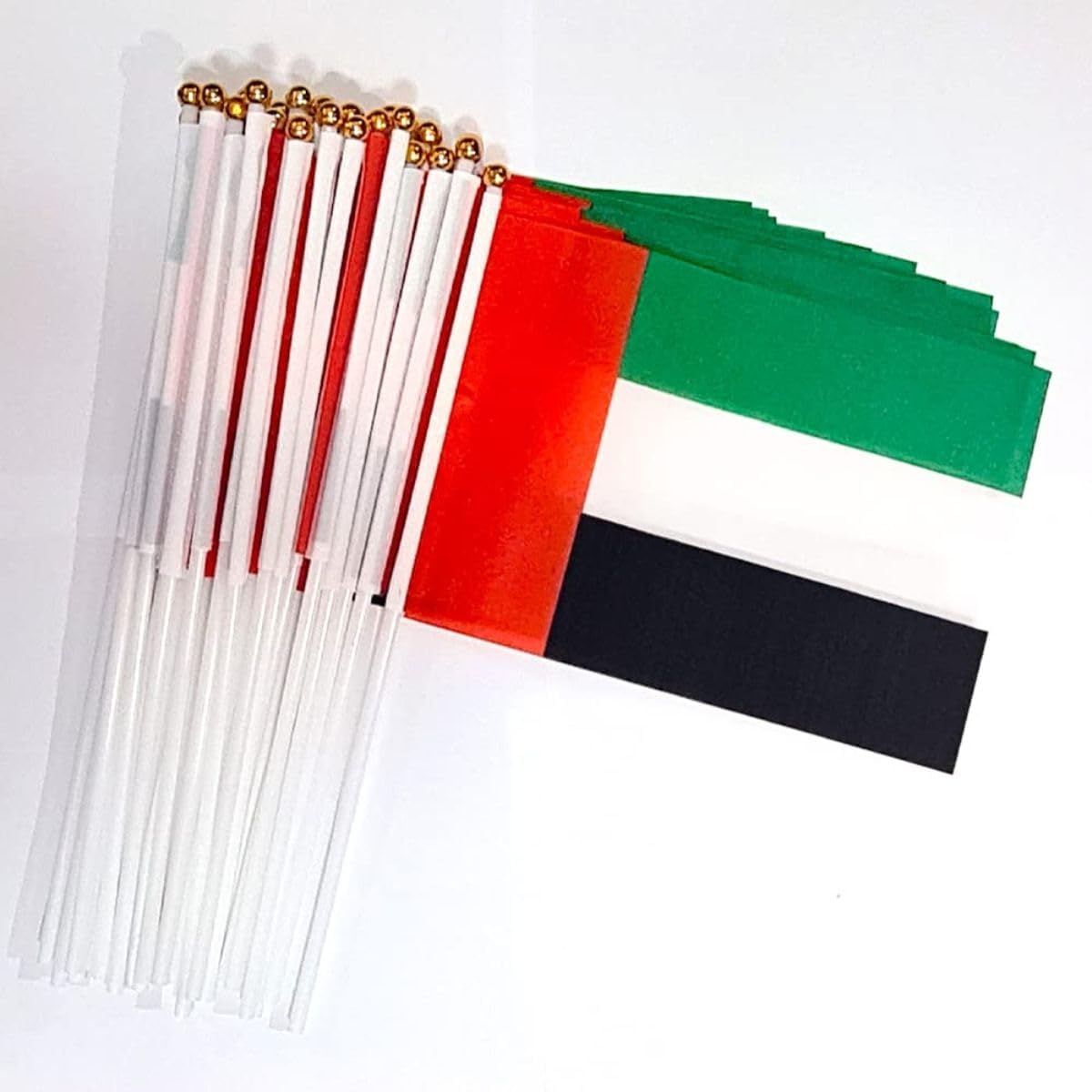 UAE National Flag Hand Held Waving Flags 100% Satin Double Sided With Solid PVC Flexible Stick With Spear Golden Top (Pack Of 24) (Pack Of 48) (Pack Of 100) (Pack Of 100)