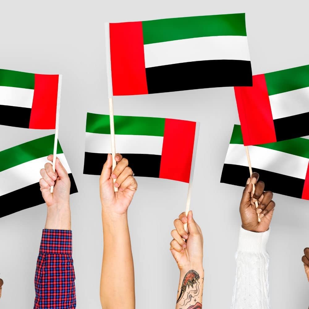 UAE National Flag Hand Held Waving Flags 100% Satin Double Sided With Solid PVC Flexible Stick With Spear Golden Top (Pack Of 24) (Pack Of 48) (Pack Of 100) (Pack Of 100)