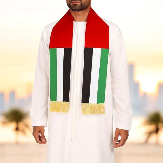 UAE National Day Flag Scarf – 150 x 15 cm Golden Fringe – Lightweight Scarf for Men and Women – National Day Gift