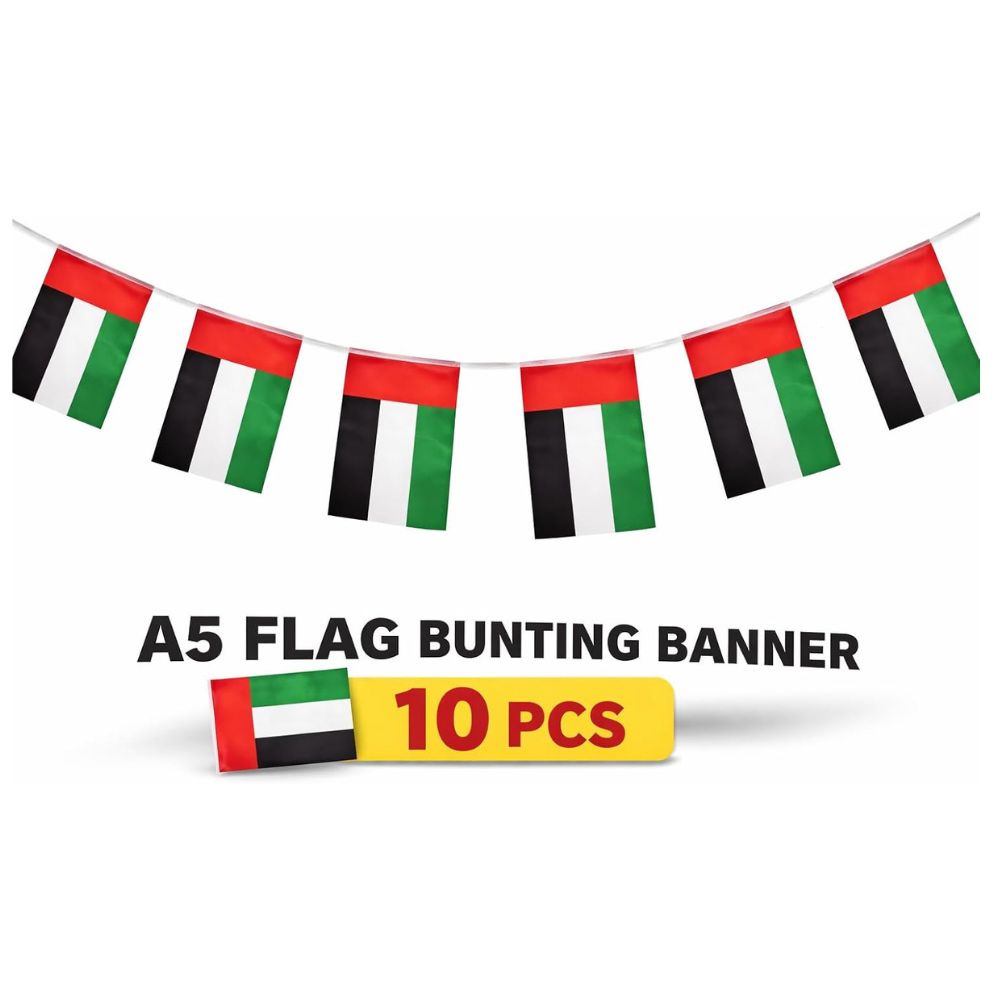 UAE Flag Bunting Banner, 3.5 Meter, National Day Flag Day 10 Flags 14x21 cm