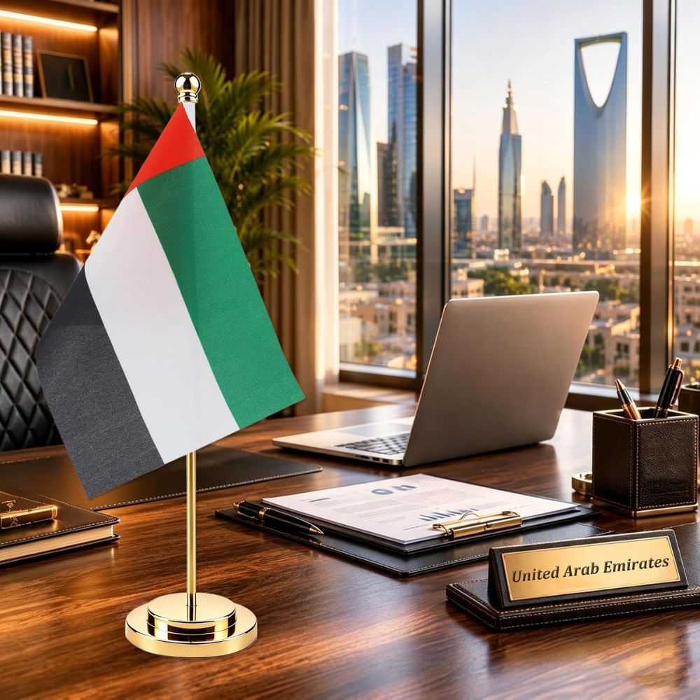 UAE Table Flag with Metal Stand Golden & Silver 20x28 cm Flag Size Base Lenght 42 cm
