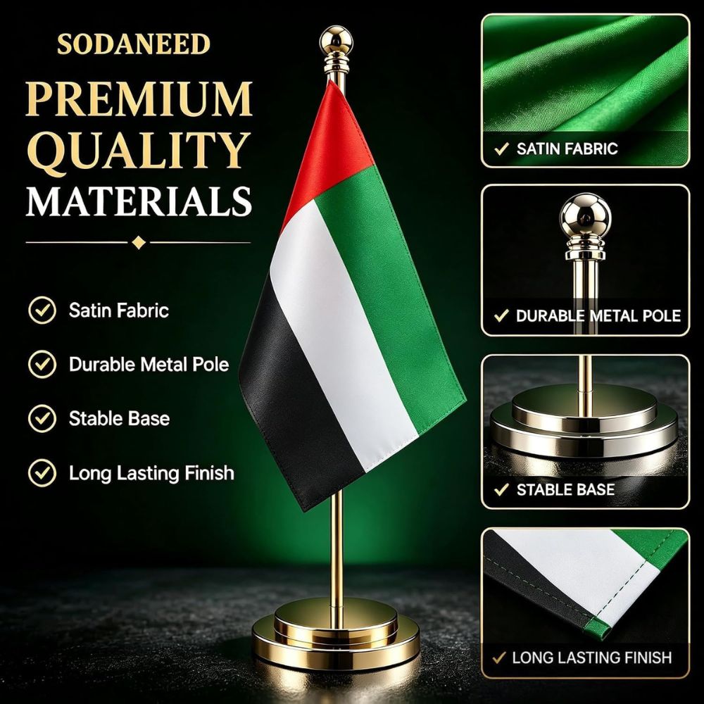UAE Table Flag with Metal Stand Golden & Silver 20x28 cm Flag Size Base Lenght 42 cm