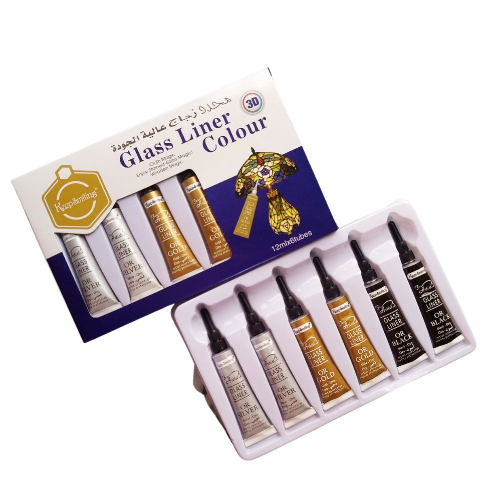 Glass Liner Colors 12ml x 6 Tubes With Gold, Silver And Black Each 2Pcs (Set of 1, GOLD SILVER AND BLACK)