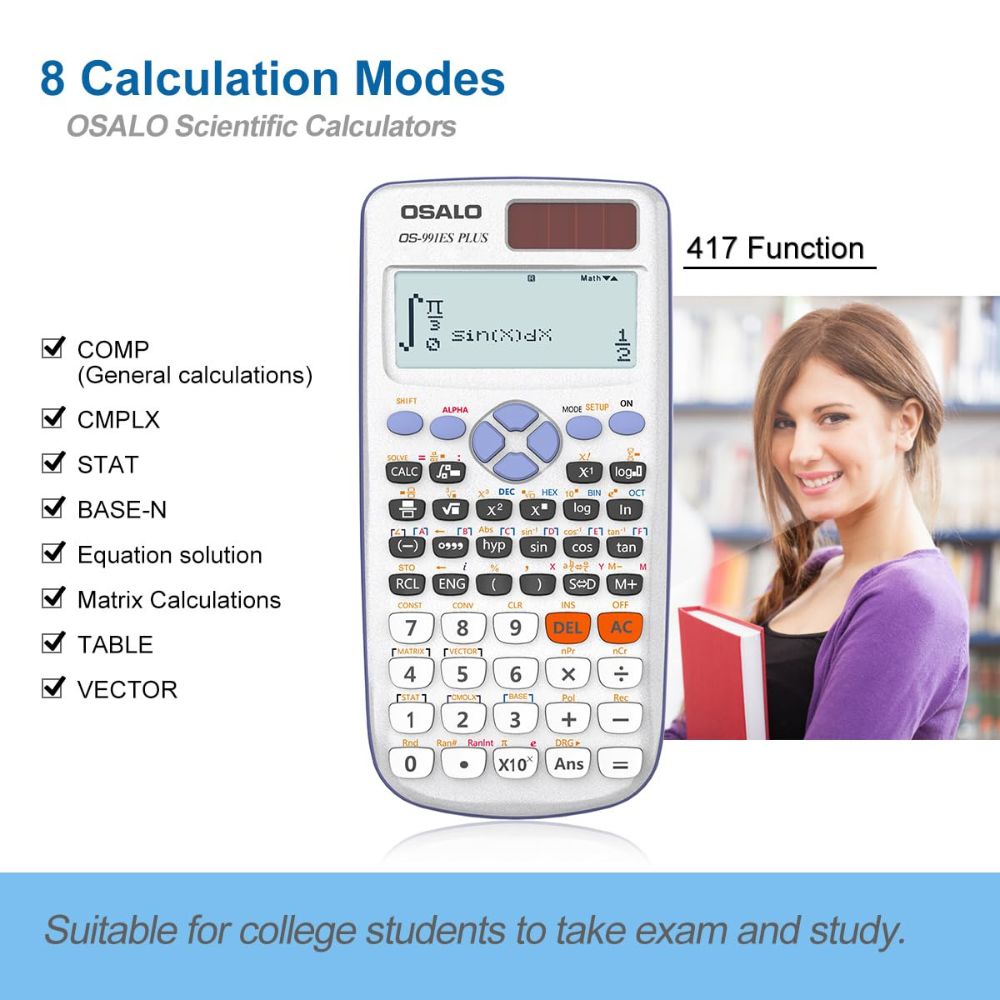 OSALO Scientific Calculator 417 Function 2 Line 10 2 Digits Written Display Solar Scientific Calculator OS 991ES Plus