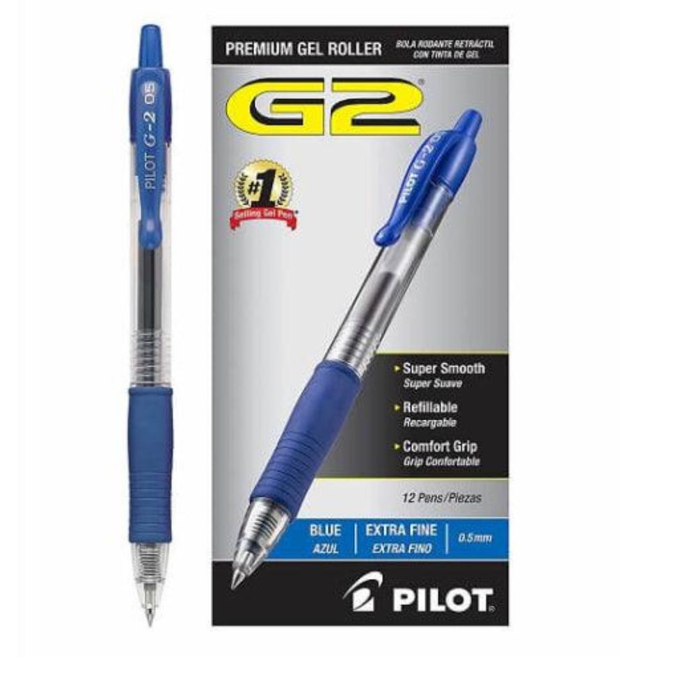Pilot G2 Retractable Gel Roller Ball Pen, 0.5mm, Extra Fine Point, Blue (Pack of 12)