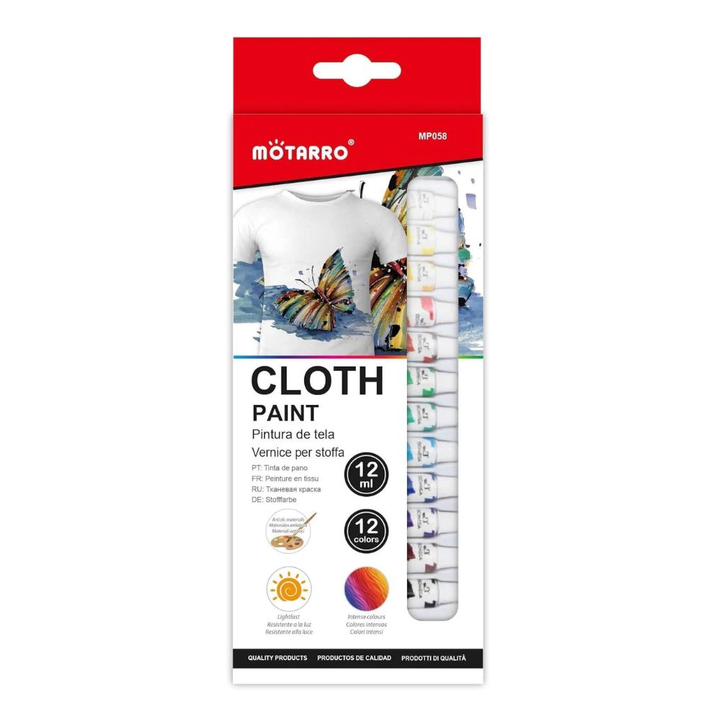 12 Pcs Fabric Colours Tubes 12ml x 12 Non Toxic For Kids Art & Craft Fabric Paint