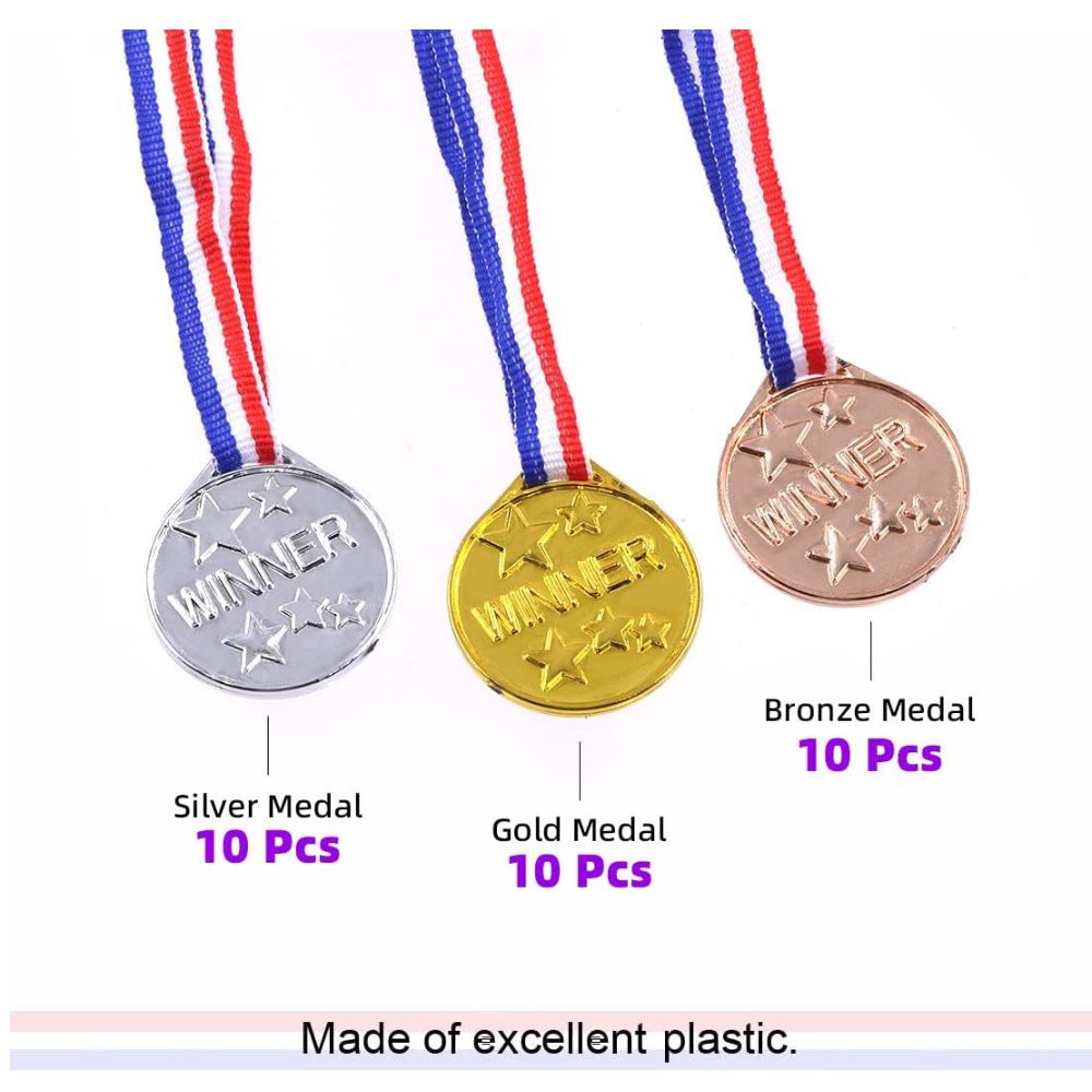30 Pcs Plastic Winner Award Medals Set,Plastic Medals Including Gold Medals Silver Medals and Bronze Medals with Neck Ribbon for Sports, Competition, Talent Show and Parties
