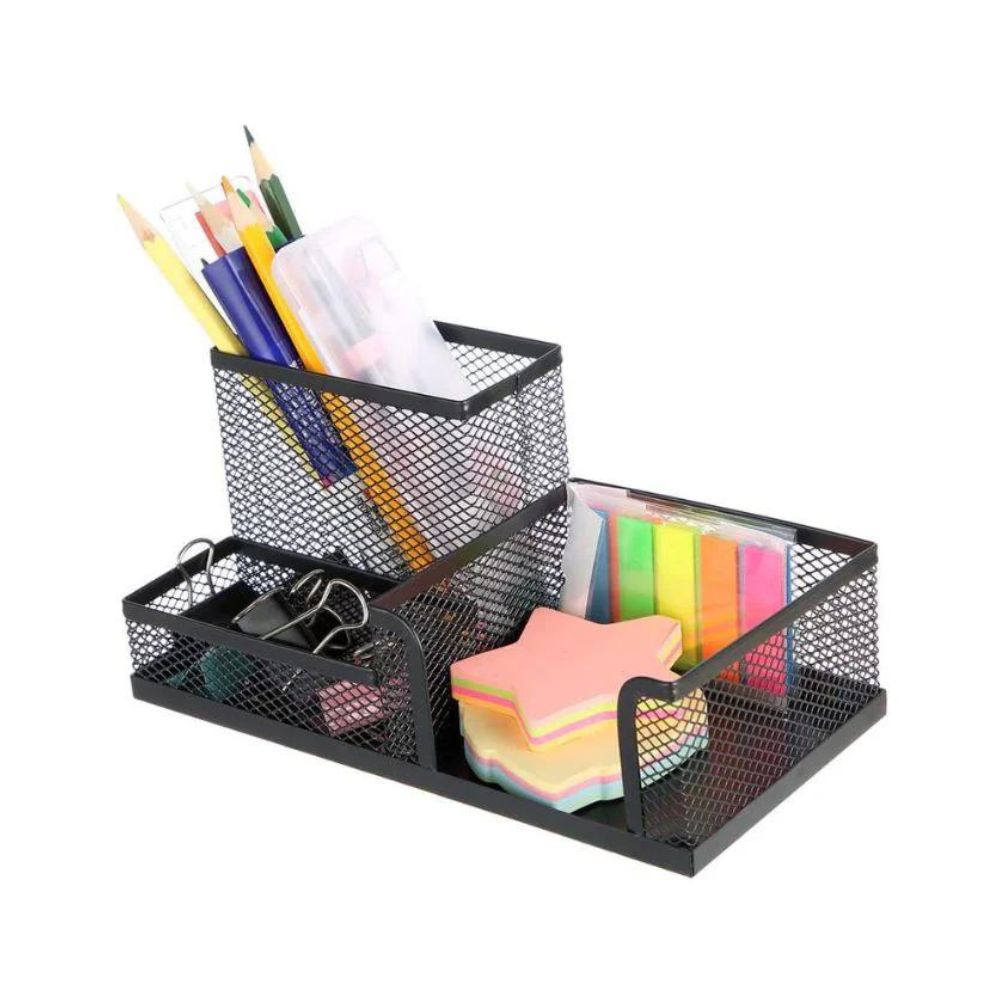 Pen Holder Desk Organizer Metal Mesh 3 Compartment