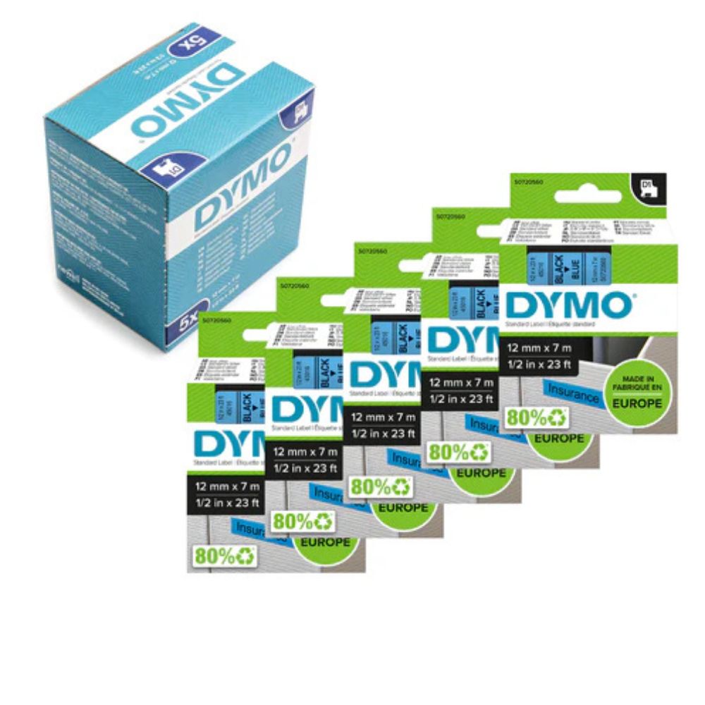 Pack of 5 Dymo 45016 D1 Label Tape – 12mm x 7m, Black on Blue | For Dymo Label Printers