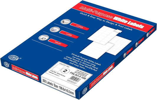 Laser Labels, Sticker Matt White A5 Size 199.6x143.5mm (2 Stickers x 100 Sheet 200 Labels