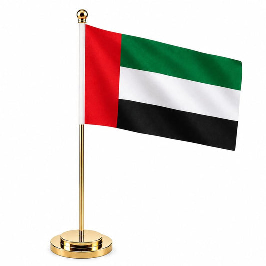 UAE Table Flag with Metal Stand Golden & Silver 20x28 cm Flag Size Base Lenght 42 cm