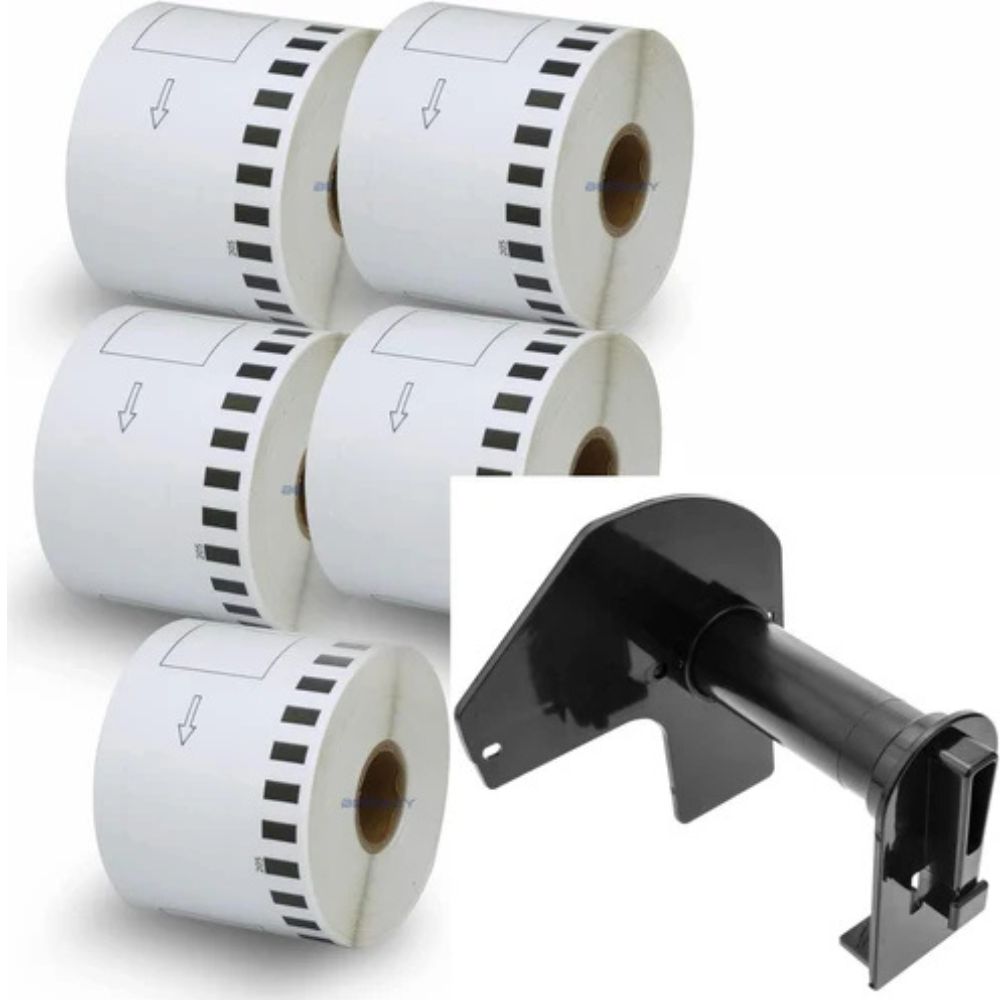 5 pc DK-22205 Self Adhesive Compatible Label Tape- 62mm x 30 Meter for QL series Label Printers with 1 pc Reusable PVC Holder