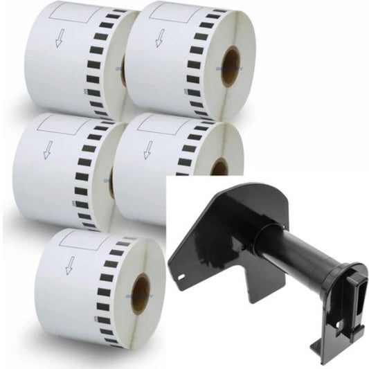 5 pc DK-22205 Self Adhesive Compatible Label Tape- 62mm x 30 Meter for QL series Label Printers with 1 pc Reusable PVC Holder