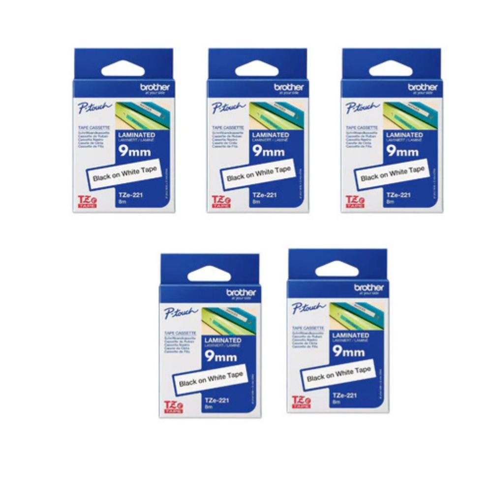 5 pcs Brother TZe-221 9mm Black on white TZe tape for P-touch Label Printers