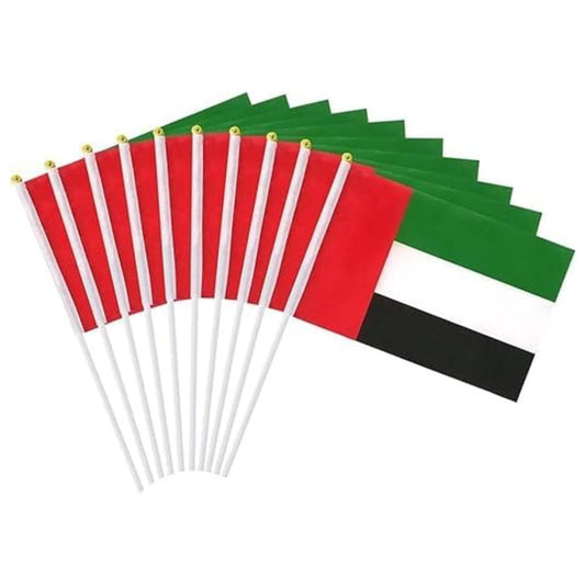 UAE Flag For Flag day / UAE Flag For National Day Emarati Flag 14x21 cm Hand Flag With PVC Flexible Stick 12pc