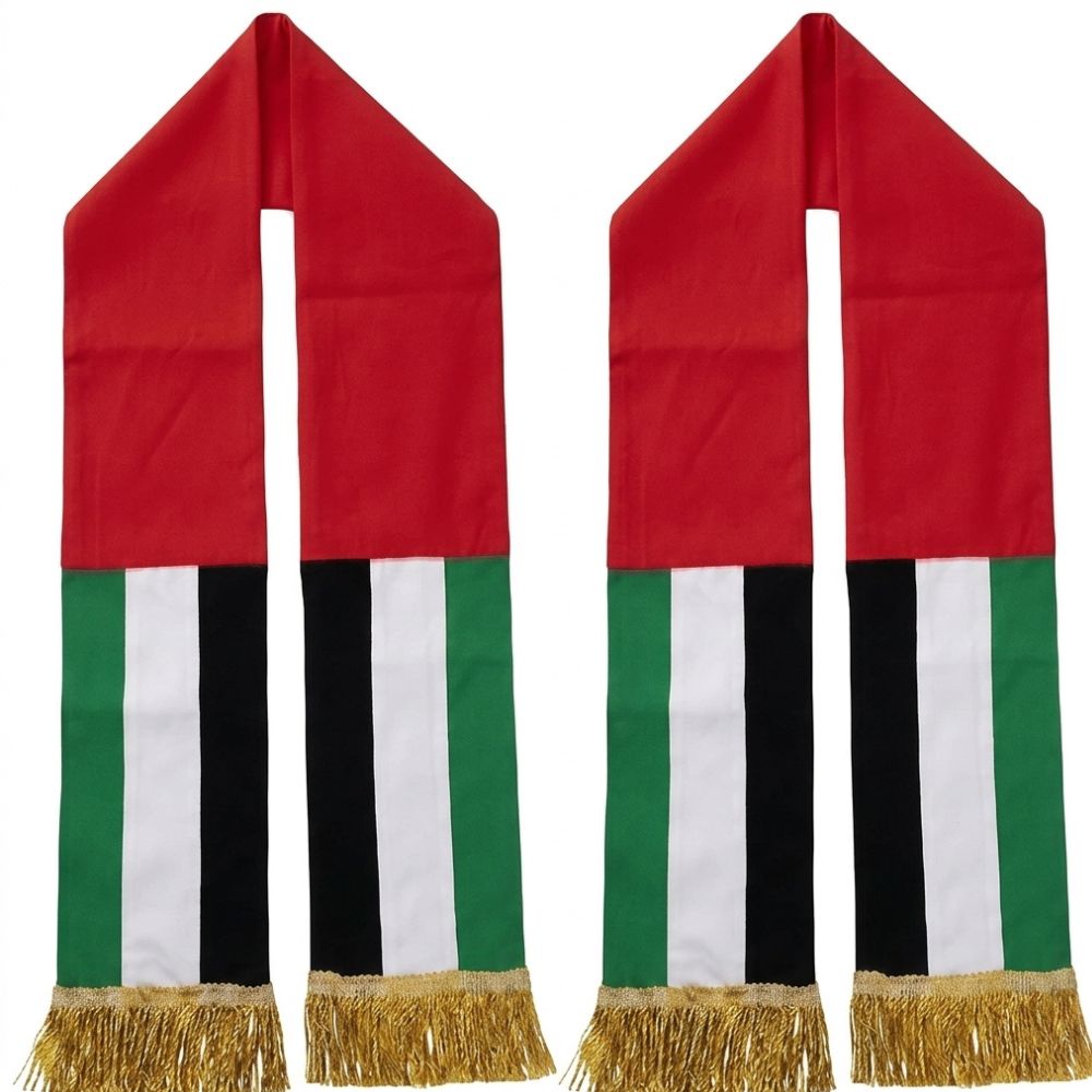 UAE National Day Flag Scarf – 150 x 15 cm Golden Fringe – Lightweight Scarf for Men and Women – National Day Gift
