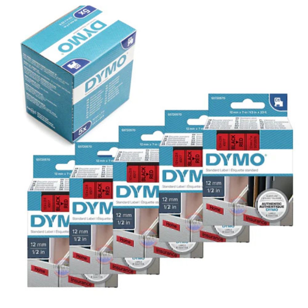 Pack of 5 Dymo 45017 D1 Label Tape – 12mm x 7m, Black on Red | For Dymo Label Printers