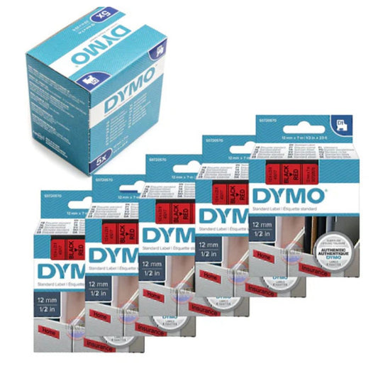 Pack of 5 Dymo 45017 D1 Label Tape – 12mm x 7m, Black on Red | For Dymo Label Printers