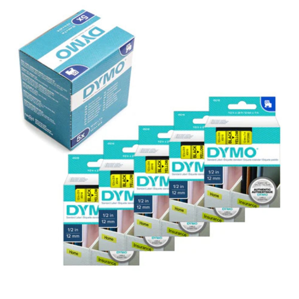 Pack of 5 Dymo 45018 D1 Label Tape – 12mm x 7m, Black on Yellow | For Dymo Label Printers