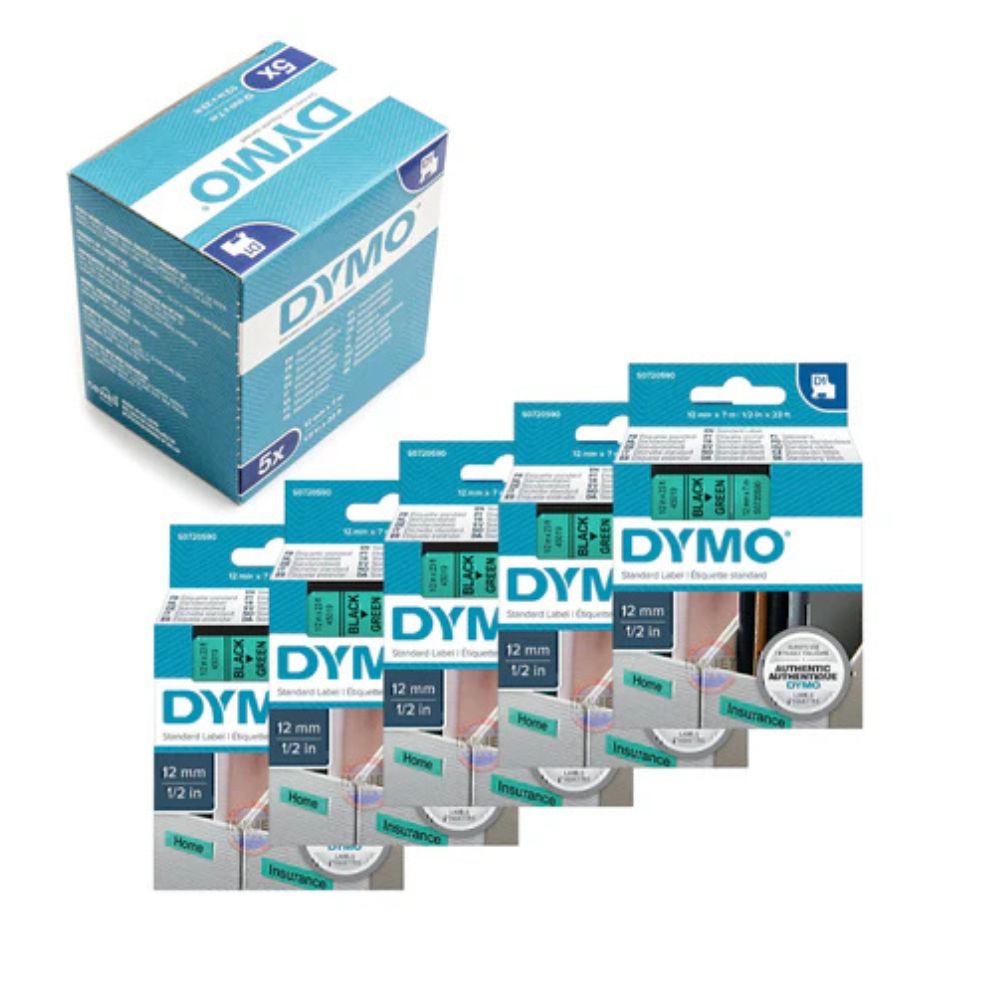Pack of 5 Dymo 45019 D1 Label Tape – 12mm x 7m, Black on Green | For Dymo Label Printers