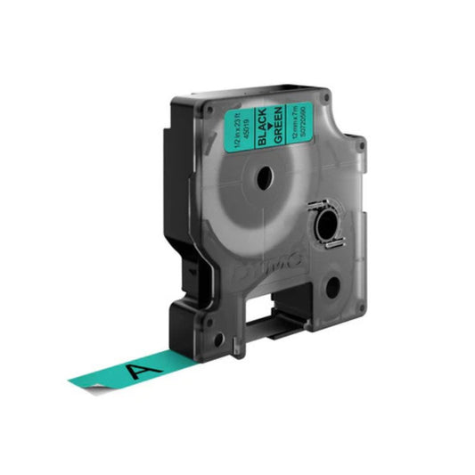 Pack of 5 Dymo 45019 D1 Label Tape – 12mm x 7m, Black on Green | For Dymo Label Printers